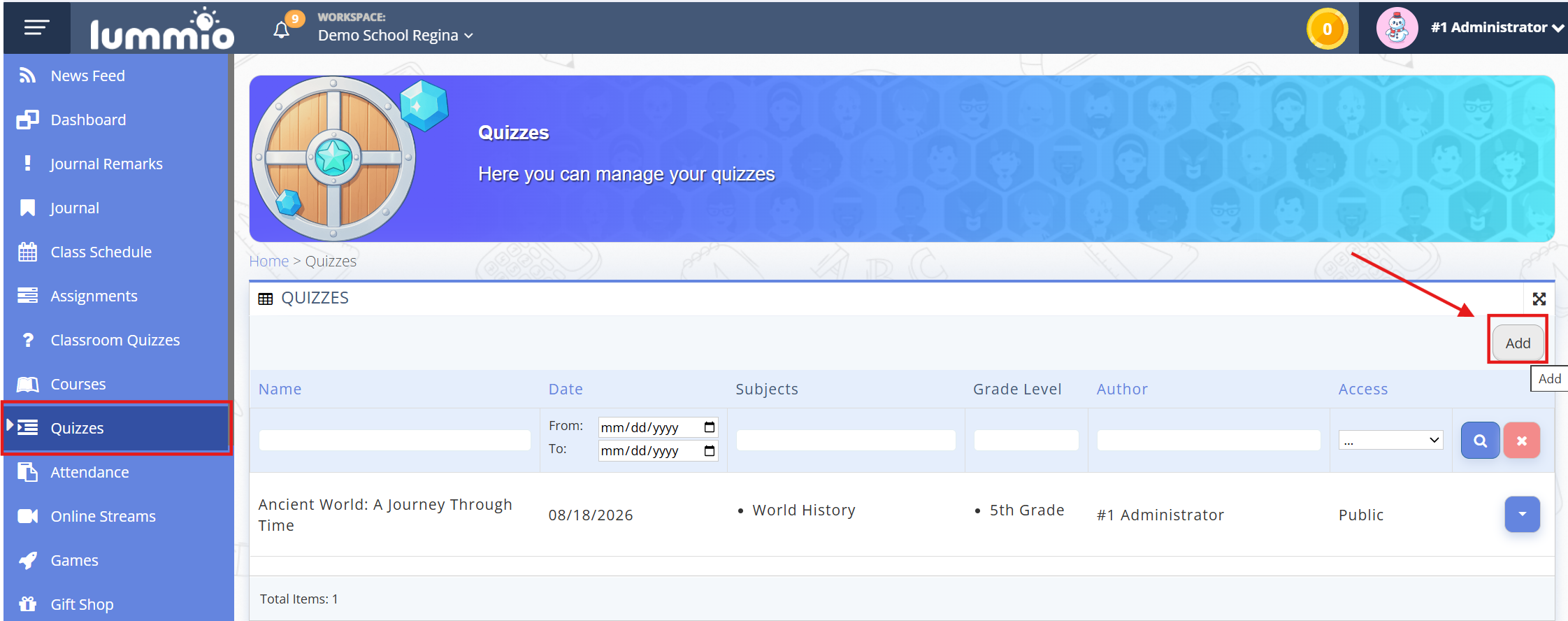 View of the Quizzes Page